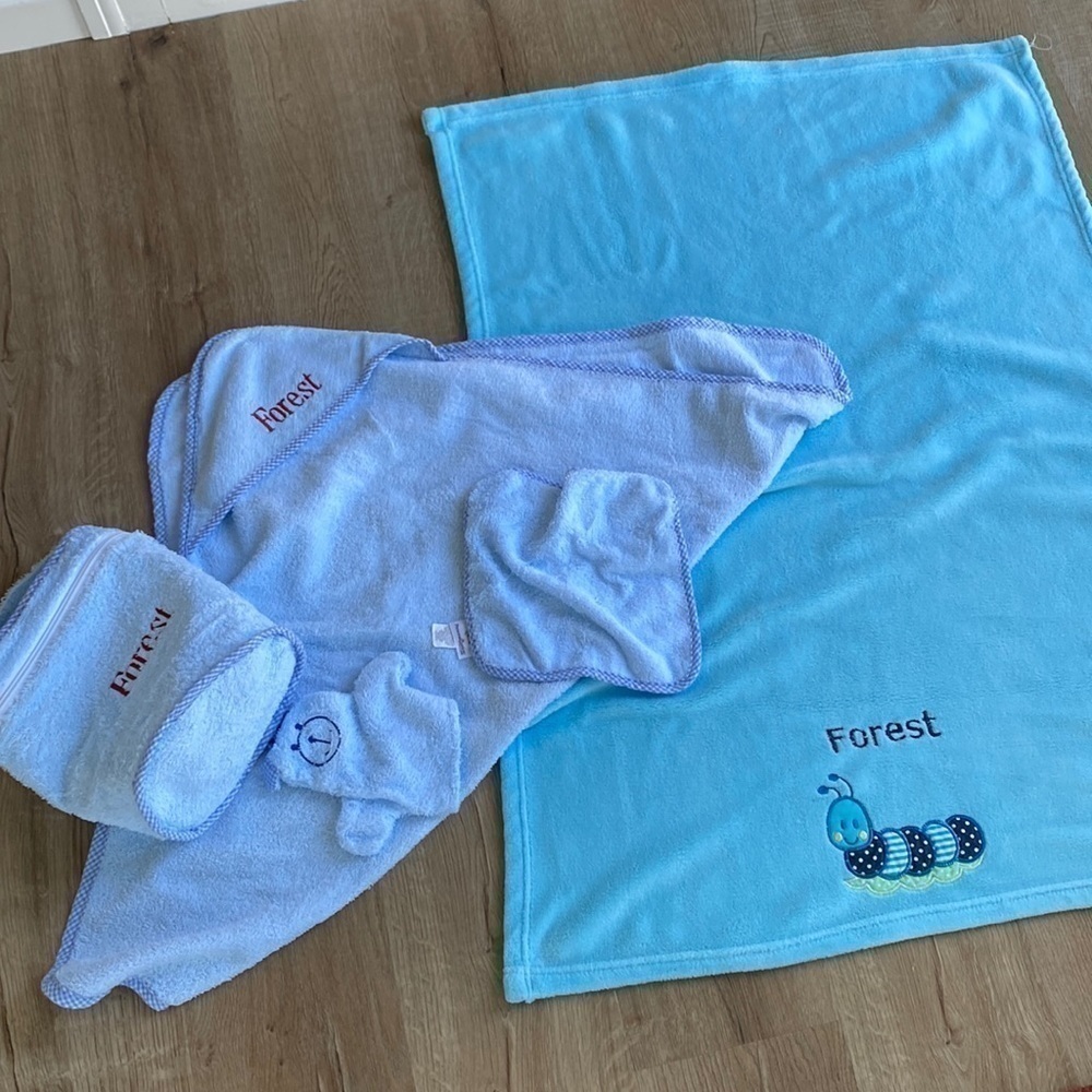 Forest Name Personalized Toddler Blue Baby Blanket and Towel Set